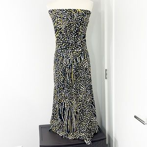 Francesca's Issa Size 4 Black, Yellow Dotted Silk Strapless Open Back Maxi Dress